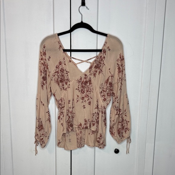 American Rag Tops - American Rag Medium Beige Peach Pink Merlot Floral Long Sleeve Blouse Top